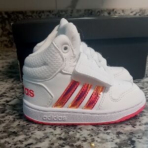 Adidas Kids (TD)Hoops Mid 2.01 White and Pink Sneakers Size 5K